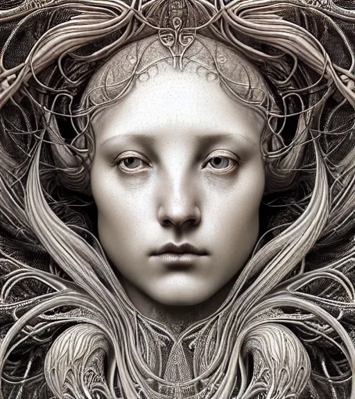 Image similar to detailed realistic beautiful silver goddess face portrait by jean delville, gustave dore, iris van herpen and marco mazzoni, art forms of nature by ernst haeckel, art nouveau, symbolist, visionary, gothic, neo - gothic, pre - raphaelite, fractal lace, intricate alien botanicals, biodiversity, surreality, hyperdetailed ultrasharp octane render