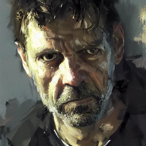 Prompt: face protrait of doctor house,, jeremy mann painting