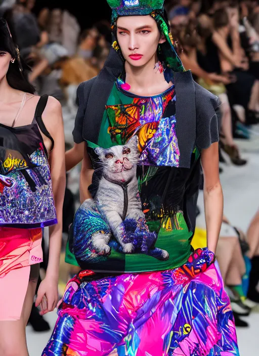 Image similar to hyperrealistic and heavy detailed balenciaga runway show of cats by lisa frank, leica sl 2 5 0 mm, vivid color, high quality, high textured, real life