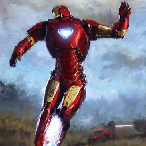 Image similar to Photorealistic oil painting of a scrap built Iron Man suit flying in a Post Apocalyptic world