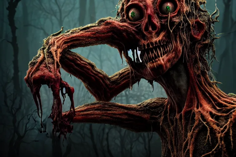 Prompt: a extremely scary horror photograph of a fantasy creature made out of nature and fungus, intricate, hyper - realism, sharp focus, cinematography, highly detailed, octane render, horror cgi 4 k, matte, photograph by professional photographer