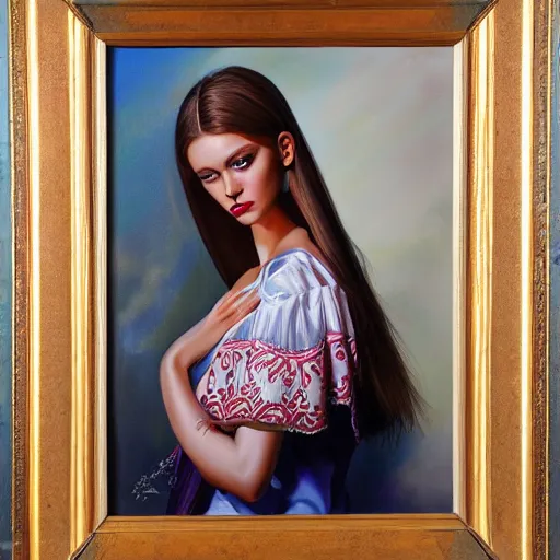 Image similar to hyperrealism oil painting of ukrainian fashion model in vyshyvanka