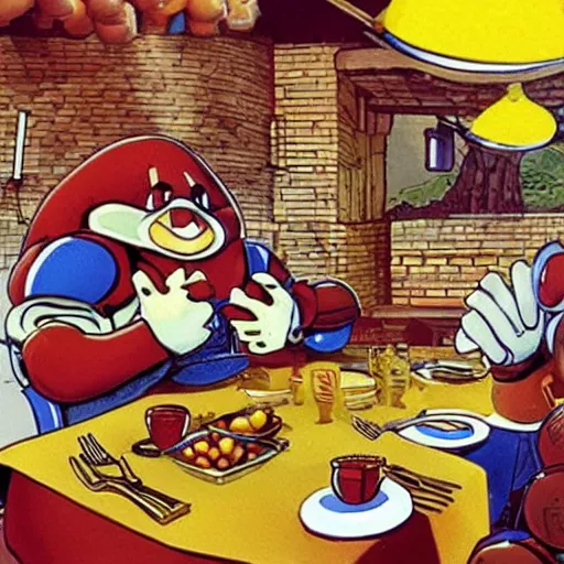 Prompt: robotnik eggman having a nice dinner at a rustic italian restaurant with his robots