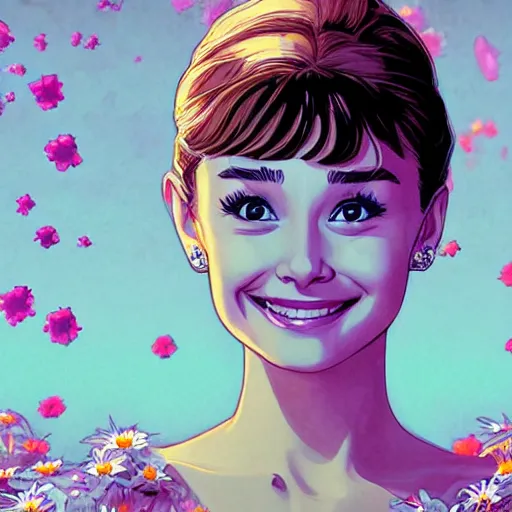 Image similar to portrait of young audrey hepburn smiling with flowers raining over her. sharp focus, cinematic pose, cinematic lighting, unreal engine render. art by josan gonzales and moebius and deathburger.