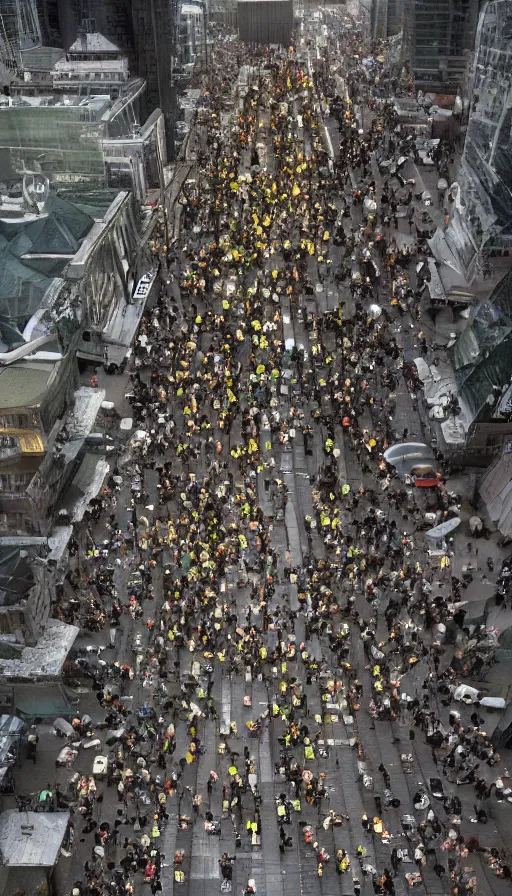 Image similar to hundreds people running away from the catzilla. trending on artstation. realistic cinematography, photorealistic, photography, wide shot from the drone, aerial photo