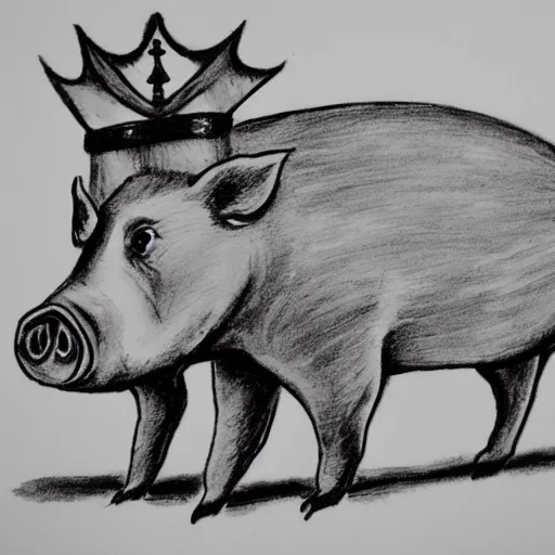 Image similar to walking pig wearing crown ink drawing black and white 35mm