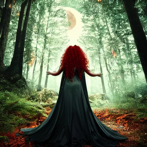 Prompt: beautiful woman with long curly red hair in elaborate gown, rim lit, forest, moon in background, photo realistic, cinematic atmosphere, octane render, 8 k, ethereal, dramatic lighting