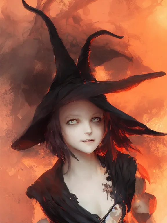 Image similar to Full shot of a cute mischievous young witch about to get up to some trouble. Black and Orange palette. By Ruan Jia and Artgerm and Range Murata and WLOP and CLAMP. Key Art. Fantasy Illustration. award winning, Artstation, intricate details, realistic, Hyperdetailed, 8k resolution.