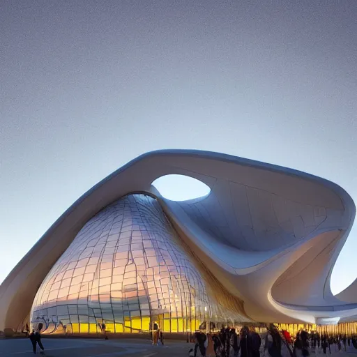 Image similar to extremely detailed stunning sophisticated beautiful elegant futuristic museum exterior by zaha hadid, stunning volumetric light, bright colors, translucent material, beautiful sunset