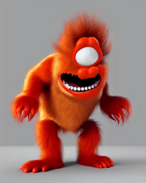 Image similar to 3 d render of completely red hairy friendly antropomorphic creature wearing chrome shades, no nose, shy grin with square teeth, full body, standing on 2 feet, in the style of pixar, white background, unreal engine 5, octane render, highly detailed hdr