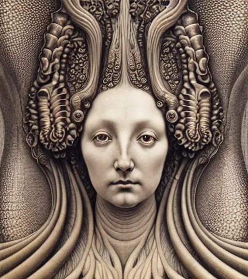 Image similar to detailed realistic beautiful whelk goddess face portrait by jean delville, gustave dore, iris van herpen and marco mazzoni, art forms of nature by ernst haeckel, art nouveau, symbolist, visionary, gothic, neo - gothic, pre - raphaelite, fractal lace, intricate alien botanicals, ai biodiversity, surreality, hyperdetailed ultrasharp octane render