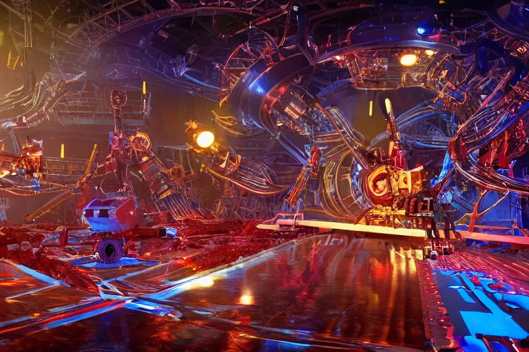 Prompt: stage from the show america got talent, on stage are 4 golden and blue metal humanoid steampunk robots falling apart, robots are wearing gears and tubes falling apart, eyes are glowing red lightbulbs, shiny crisp finish, 3 d render, 8 k, insaneley detailed, fluorescent colors, nightlight