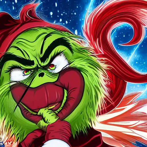 Image similar to The Grinch activates his sharingan, battle scene, anime style, violent, highly detailed, 8k, smooth, sharp