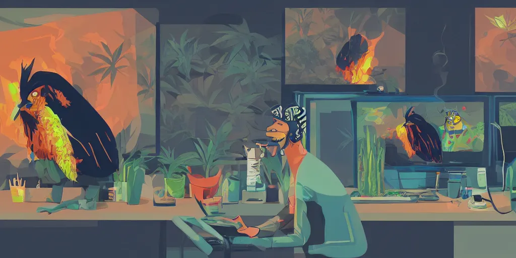 Prompt: 'black chicken!!!' smoking 'cannabis!!!!!!' in front of 'multi monitors'!!!!!! broadcasting studio, artwork by James Gilleard