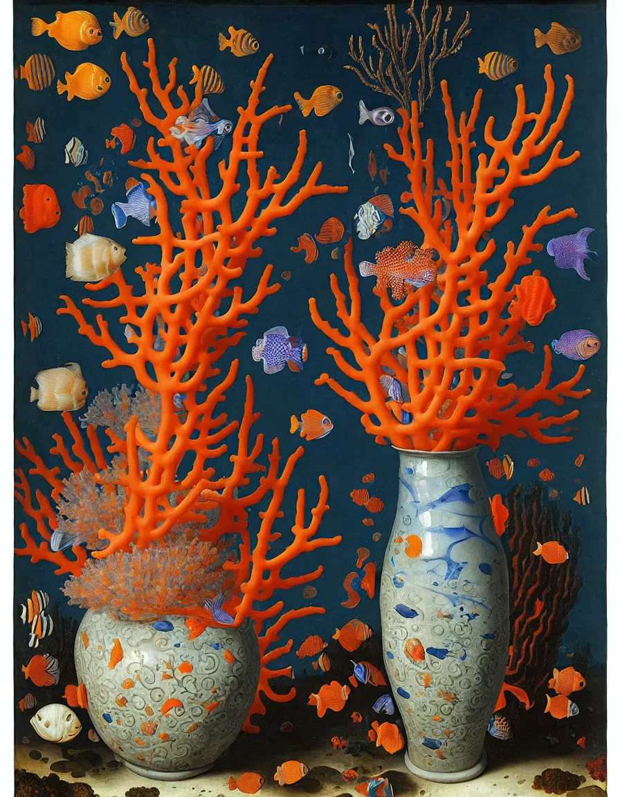 Image similar to bottle vase of coral under the sea decorated with a dense field of stylized scrolls that have opaque outlines enclosing mottled blue washes, with orange shells and purple fishes, Ambrosius Bosschaert the Elder, oil on canvas