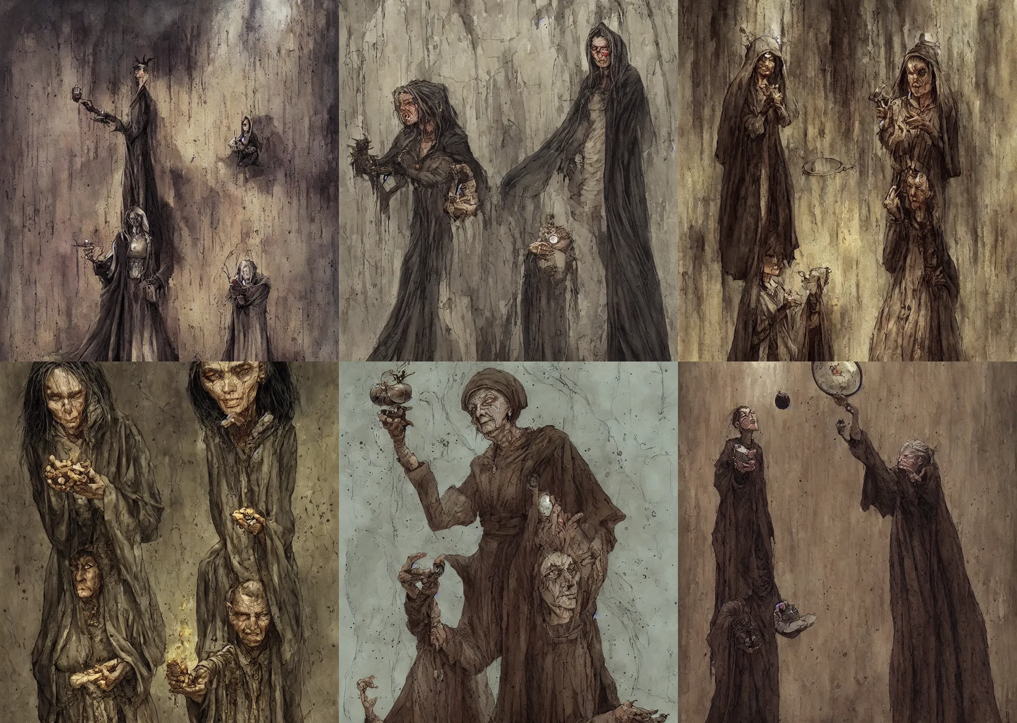 Prompt: a round witch stares at a strange artefact in her hands. she wear a long dark robe. painted by enki bilal, tony sandoval and regis loisel. oil painting.