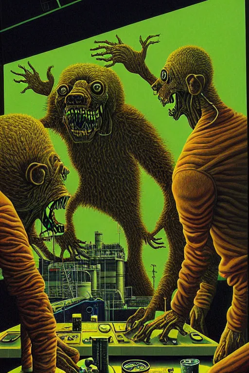 Image similar to a hyperrealistic detailed painting of an emergency at the nuclear power plant, radioactive chimeric radiation monsters eating the laboratory by chris cunningham and richard corben, highly detailed, vivid color,