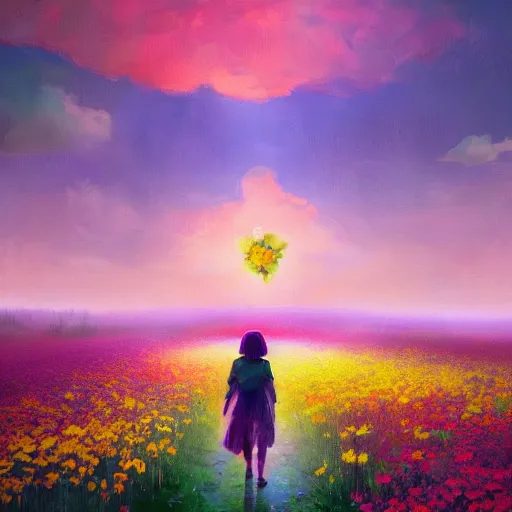 Image similar to giant flower as a head, girl walking in flower field, surreal photography, sunrise, dramatic light, impressionist painting, colorful clouds, digital painting, artstation, simon stalenhag