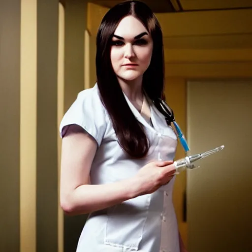 Image similar to sasha grey in 1 9 6 0 s nurse outfit posing with a syringe, 4 k, art station cinematic lighting