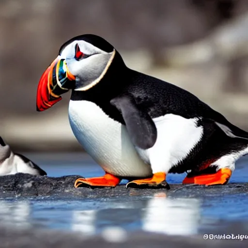 Prompt: puffin cuddling penguin