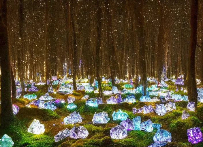 Image similar to a magical forest with crystal flowers that glow in the dusk,