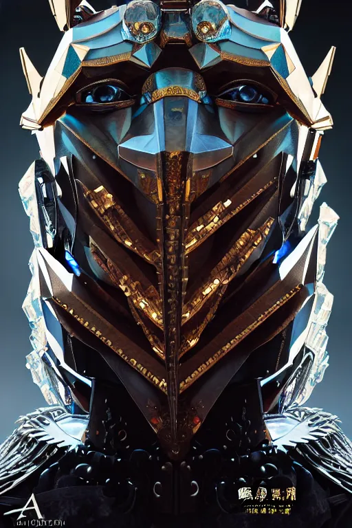 Image similar to asura from chinese myth, ghost, luxurious armor mixed with leather and metal, dystopian, cyberpunk, mecha, halfturn portrait of a big crystal face made of crystals half - turn, ominous, intricate, studio, art by anthony macbain + greg rutkowski + alphonse mucha, concept art, 4 k, sharp focus