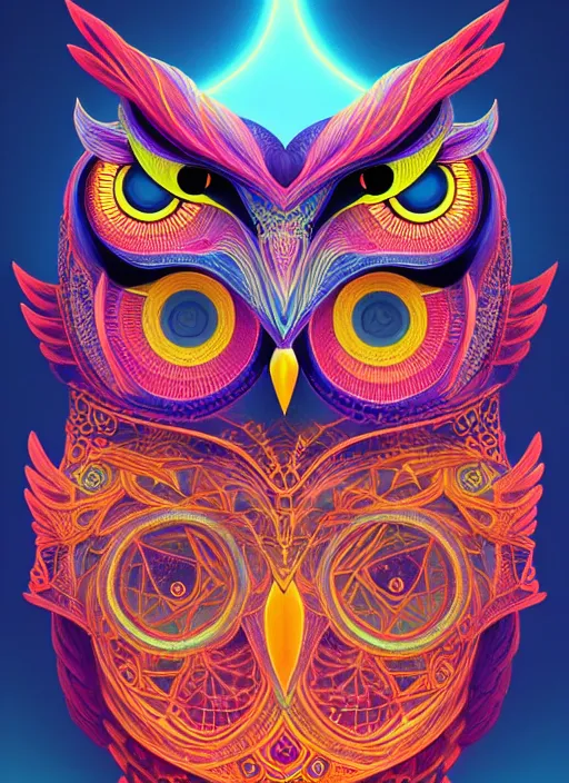 Image similar to symmetry!! product render poster vivid colors divine proportion owl, 神 圣, glowing fog intricate, elegant, highly detailed, digital painting, artstation, concept art, smooth, sharp focus, illustration,