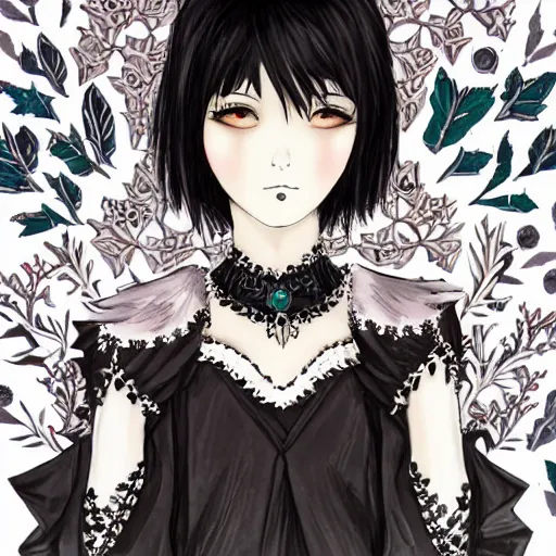 Image similar to dark haired girl, goth style, raven on her shoulder, pale gentle face, intricate detailed outfit, art by sakimichan, studio ghibli