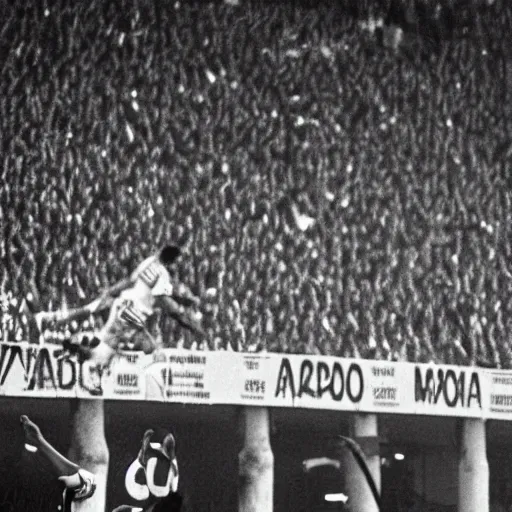 Prompt: Maradona scoring a goal and Napoli supporters cheering