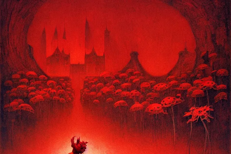 Image similar to only with red, red eyes, a red tiger, a castle in the background, medieval demons dance over the flowers, an ancient path, in the style of beksinski, part by hopper, part by rodcenko, part by hofbauer, intricate composition, red by caravaggio, insanely quality, highly detailed, masterpiece, red light, artstation