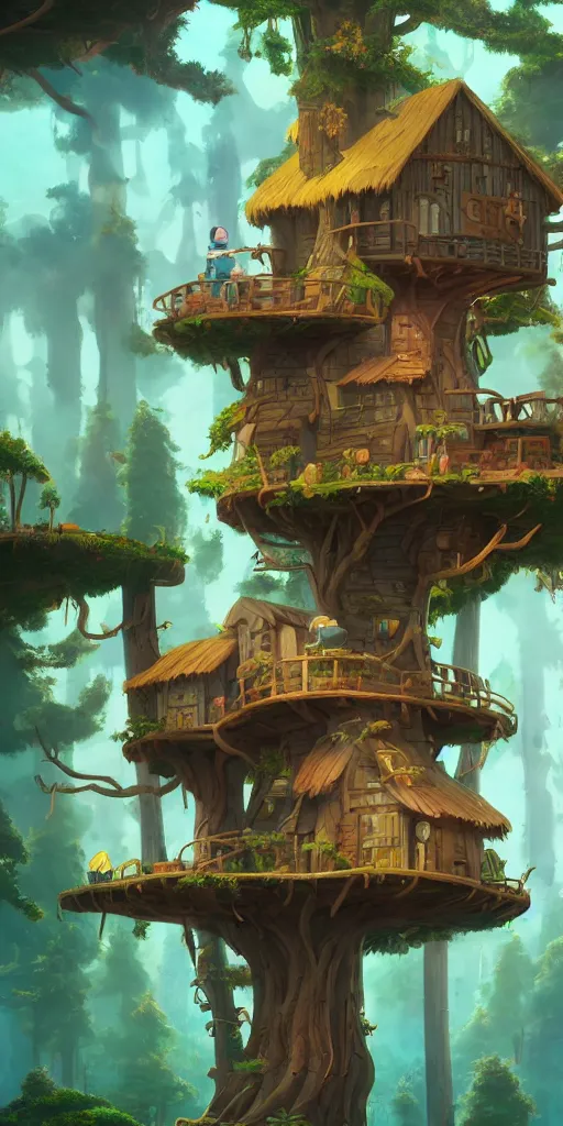 Prompt: Distant lands, Finn and Jake, tree house, cartoon network, very coherent symmetrical artwork, cinematic, hyper realism, high detail, octane render, unreal engine, 8k, Vibrant colors, Smooth gradients, High contrast