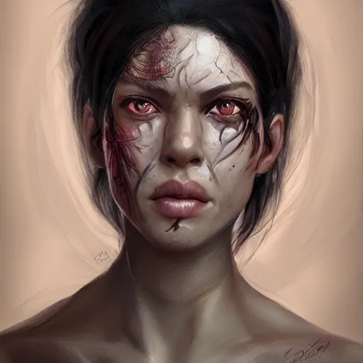 Prompt: beautiful, very strong, mixed race, female, middle aged, face, no makeup, scarred, head shot, fantasy, highly detailed, digital painting, artstation, concept art, smooth, sharp focus, illustration, art by jodie muir and brom