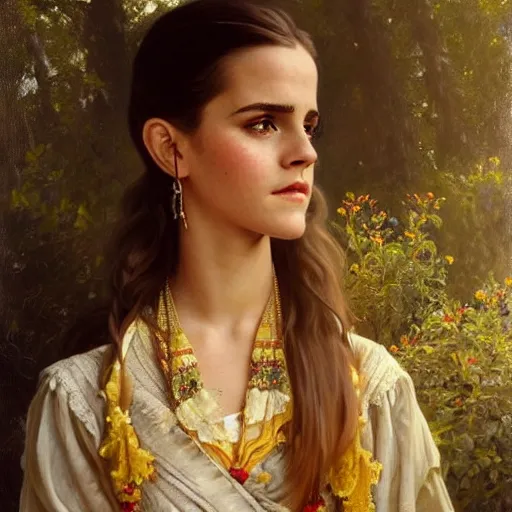 Prompt: highly detailed oil painting | very intricate | cinematic lighting | award - winning | beautiful emma watson wearing assamese bihu mekhela costume | by charlie bowater, by greg rutkowski, by j. c. leyendecker and edmund blair leighton, beautiful cinematic light, american romanticism, by alphonse mucha, artstation, cgsociety, official art, octane