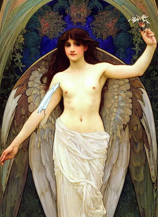 Image similar to painting of a beautifully robed angel with huge white feather wings, intricate, elegant, hyperdetailed, by alphonse mucha and william - adolphe bouguereau and john william waterhouse