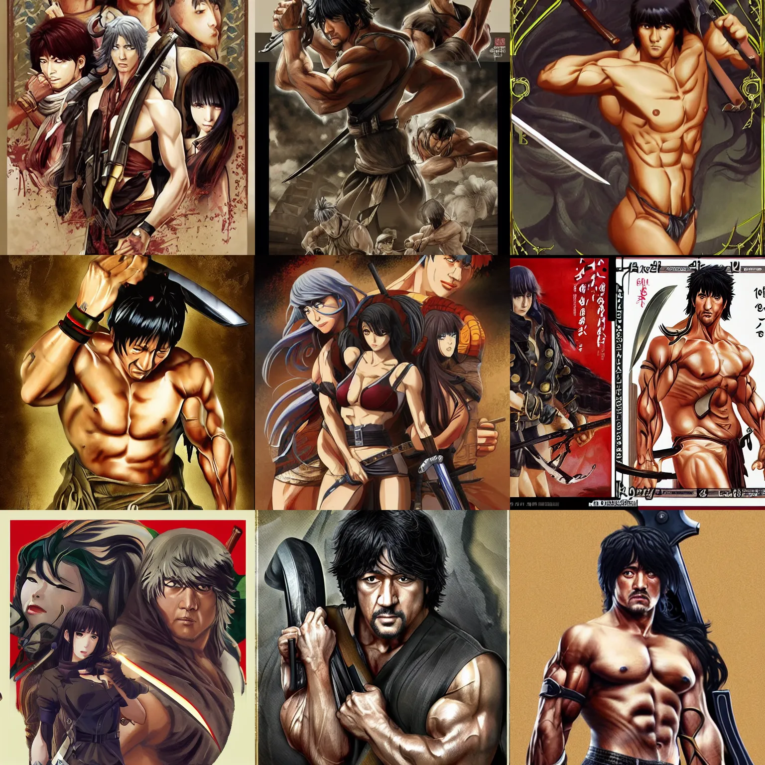 Prompt: john rambo, korean art nouveau anime, emphasis on musculature and detail, pleasant, blade & soul, soft and curved, expressive, live 2 d