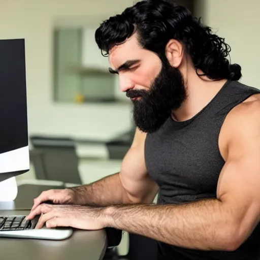 Prompt: a chad with wavy black hair and a beard. muscular. godlike. tank top. using a computer.