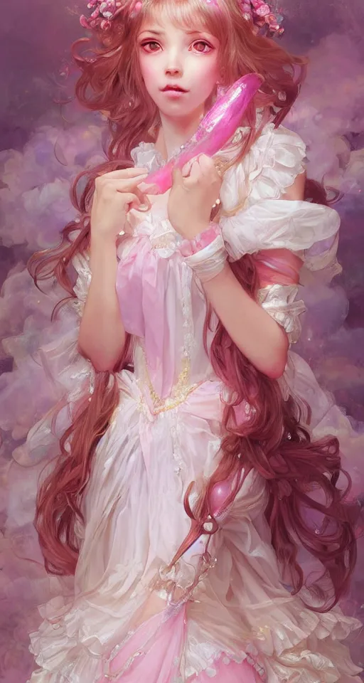 Image similar to portrait of magical lolita girl, dreamy and ethereal, expressive pose, pink eyes, peaceful expression, ornate frilly dress, fantasy, intricate, elegant, many rainbow bubbles, highly detailed, digital painting, artstation, concept art, smooth, sharp focus, illustration, art by artgerm and greg rutkowski and alphonse mucha