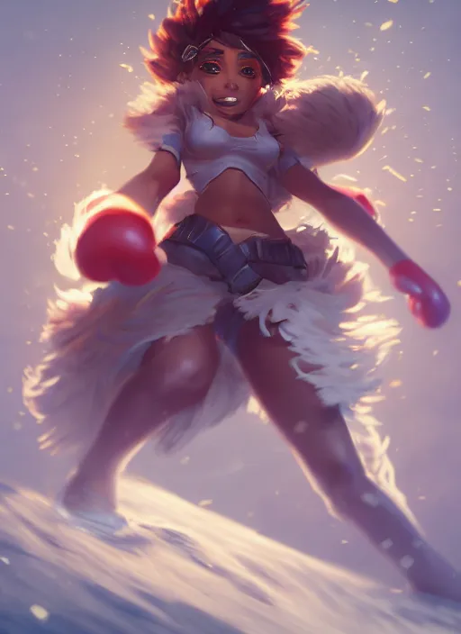 Image similar to taliyah, from league of legends, al natural, exhibant, boxing, kulohelohe, hyper detailed, digital art, trending in artstation, cinematic lighting, studio quality, smooth render, unreal engine 5 rendered, octane rendered, art style by klimt and nixeu and ian sprigger and wlop and krenz cushart