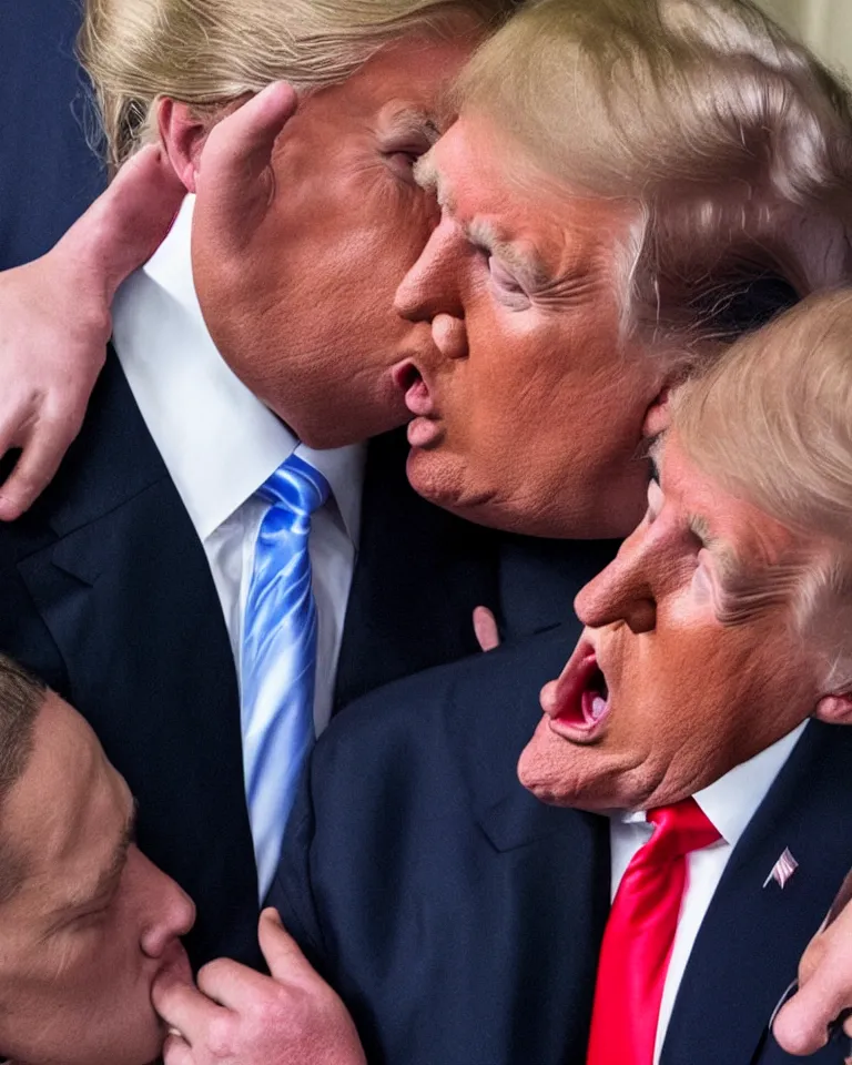 Image similar to high quality photo of donald trump kissing donald trump. donald trump kissing donald trump. donald trump kissing donald trump. award winning