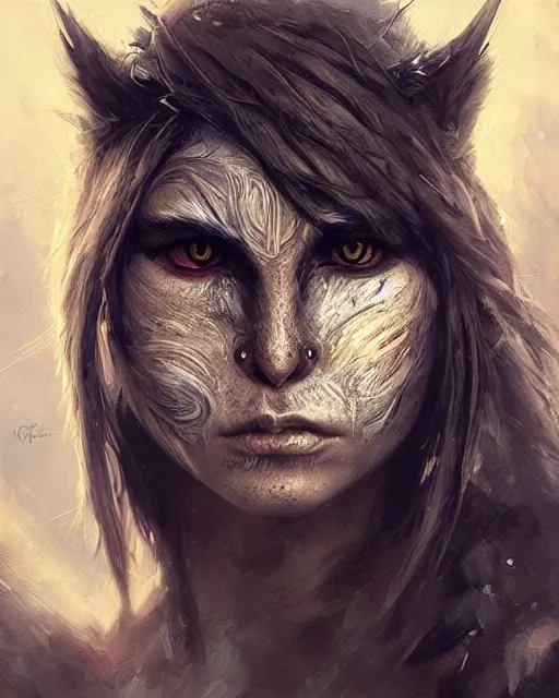 Image similar to half human half owl woman warrior, hyper realistic face, beautiful eyes, fantasy art, in the style of greg rutkowski, intricate, hyper detailed, smooth
