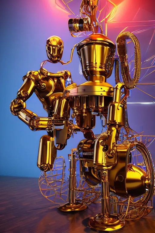 Prompt: portrait photo of a giant huge golden and blue metal humanoid steampunk robot barmixer with a cocktail shaker, with a human face and gears and tubes, eyes are glowing red lightbulbs, shiny crisp finish, 3 d render, 8 k, insaneley detailed, fluorescent colors, background is multicolored lasershow