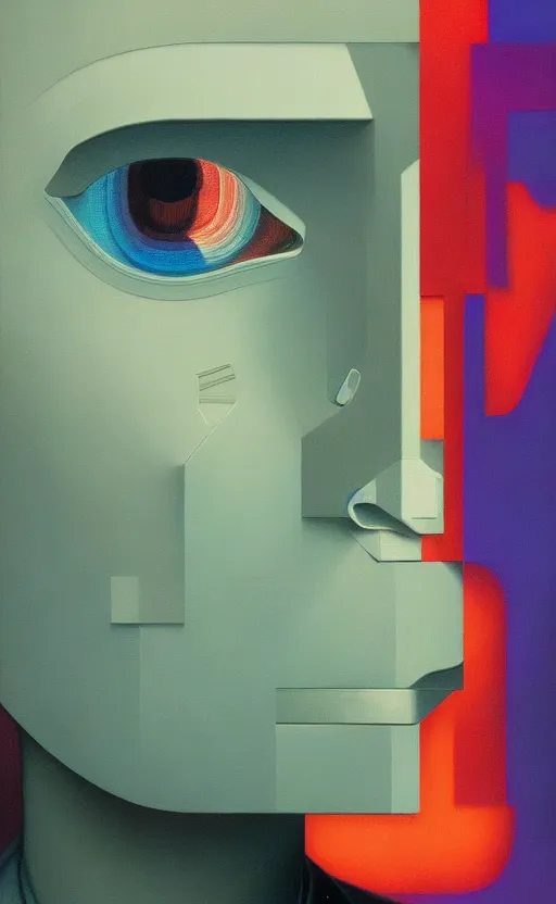 Image similar to portrait of abstract visual artificial intelligence face chromatic suit by Petros Afshar and Beeple, Edward Hopper and James Gilleard, Zdzislaw Beksinski, Mark Ryden, Wolfgang Lettl highly detailed