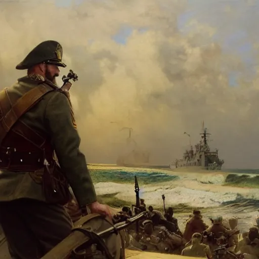 Image similar to detailed cinematic wide shot of swedish sea captain back view seeing his world war 2 battle ship attacking coastal city, ultra realistic, spring light, painting by gaston bussiere, craig mullins, j. c. leyendecker