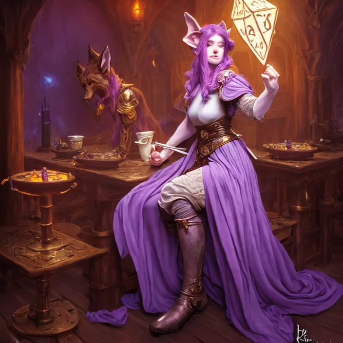 Image similar to d & d bard with her lilac leather armor in an inn, volumetric lighting, fantasy, intricate, elegant, highly detailed, lifelike, photorealistic, digital painting, artstation, fox ears illustration, concept art, sharp focus, by john collier and albert aublet and krenz cushart and artem demura and alphonse mucha