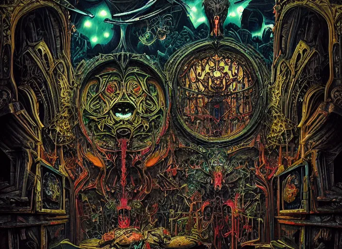 Prompt: eventually even those who avoided the world were drawn into its madness. inside a brutalist space ship, gothic, rich deep colours, creepy, diabolical, dark, mystical, hyper surrealism, neo - gothic, intricate, neon glow, intricate and highly detailed painting by greg hildebrandt, james jean, adrian ghenie, takato yamamoto, and gerhard richter.