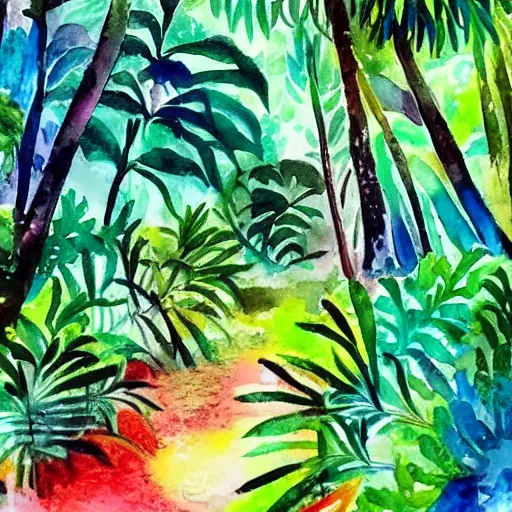 Prompt: a colorful rainforest, watercolors and ink, ,