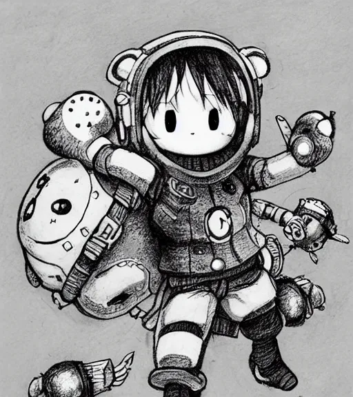 Image similar to beautiful little boy wearing an cyborg bear suit, artwork in kentaro miura and made in abyss and sakimichan, inspired in super bomberman, smooth, beautiful lightness, anatomically correct, trending on pixiv, space