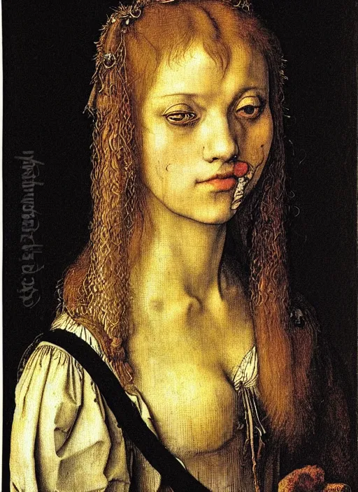 Image similar to a portrait of a pretty sewer punk young lady by albrecht durer