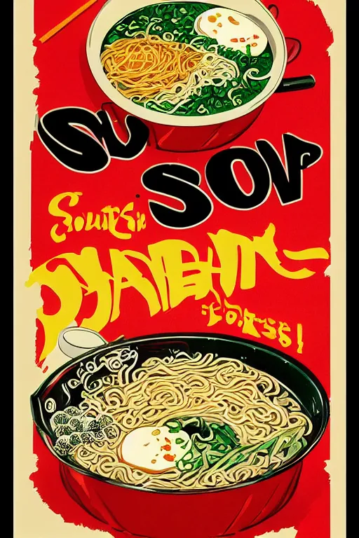 Prompt: vintage poster of delicious ramen soup