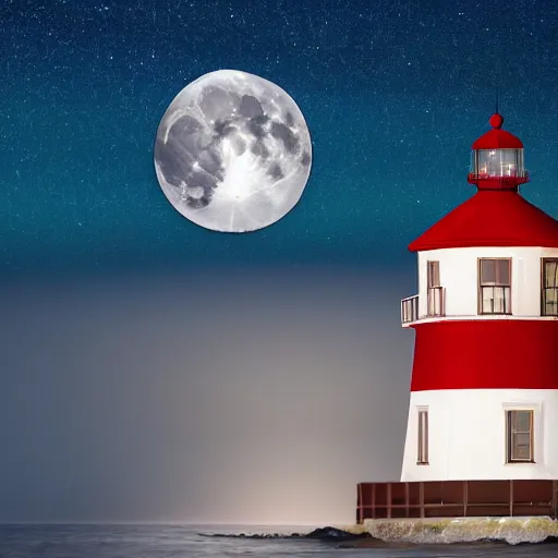 Image similar to A realistic photo of A red and white striped lighthouse shining out onto the sea; a white house with a red roof with the lights on inside; thin dark trees behind; nighttime with stars behind; full moon